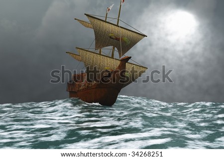THE EAGLE - A sailing vessel navigates the ocean waves in stormy weather.