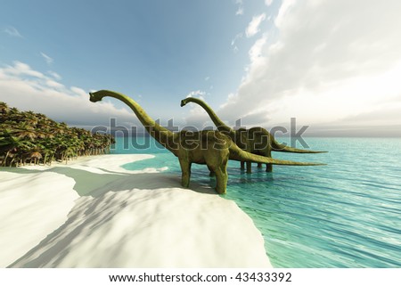 ERA - Two Diplodocus dinosaurs wade in shallow waters of a white sand beach.