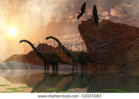 DINOSAUR DAWN - Two diplodocus dinosaurs and two flying pterodactyl birds greet the early morning mist.