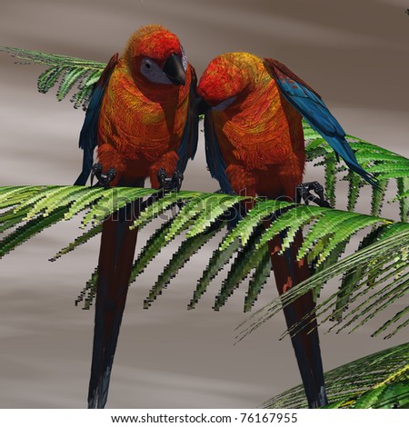 PARROT TREE - Two Cuban Red Macaws have a close bond and are tender with each other.