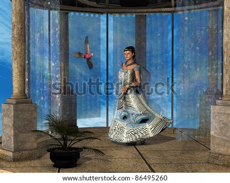 Roman Lady 03 - A beautiful dress adorns a Roman woman watching her parrot in a gazebo.