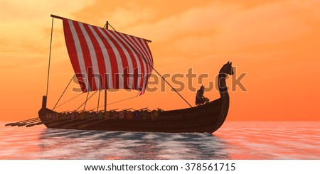 Viking Longship Ventures - A Viking longboat sails through ocean calm waters to their destinations for trade goods.