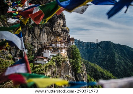 Tiger\'s nest monastery or Taktsang  Monastery  is a Buddhist temple complex which clings to a cliff, 3120 meters above the sea level on the side of the upper Paro valley, Bhutan.