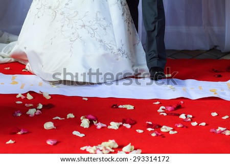 Congratulating wife for wedding. Wedding guests toasting happy bride. Selective focus on floor with rose petals. Moments of wedding ceremony
