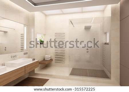 The interior of the bathroom in a contemporary style using natural materials.