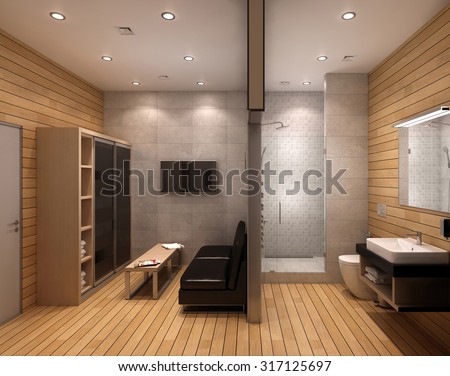 3D rendering of the bathroom in a contemporary style using natural materials.