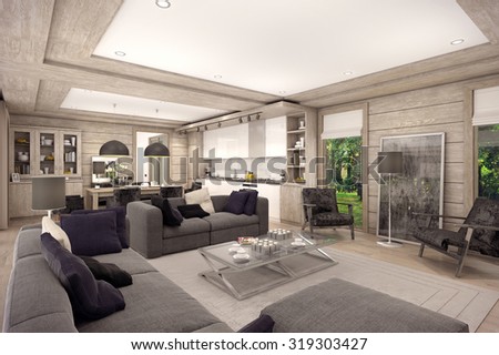 3D rendering of living room, kitchen and dining room are combined in one area of a country house. The interior is decorated with wood and natural materials.