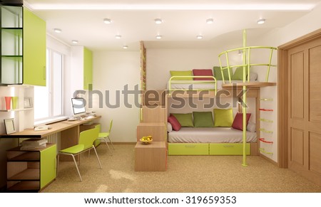 Children\'s room done in bright colors with natural materials. Bunk bed designed for two children.