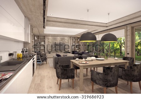 3D rendering of living room, kitchen and dining room are combined in one area of a country house. The interior is decorated with wood and natural materials.