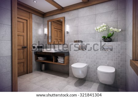 3D rendering of the interior of the bathroom in a contemporary style using natural materials.