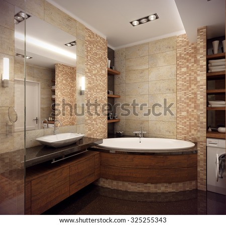 3D rendering of the interior of the bathroom in a contemporary style using natural materials.