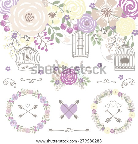 Wedding flower / Bird cage / flower wreath / Purple flower / Yellow flower