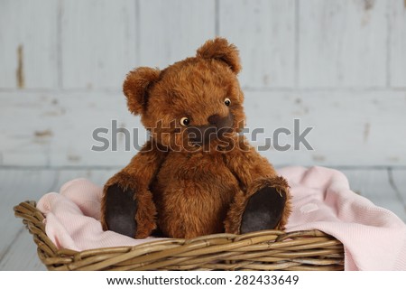 Brown artist teddy bear in pink clothes on white background