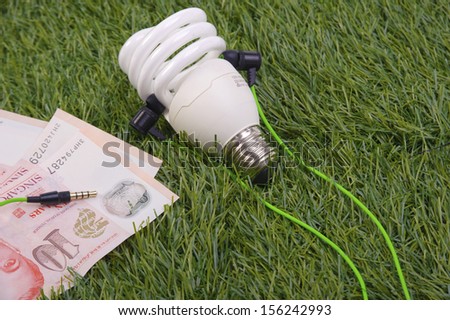 Compact Fluorescent Lamp with green earphones on grass patch