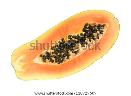 A ripe maradol red papaya that has been sliced in half showing the seed cluster in the center on a white background.