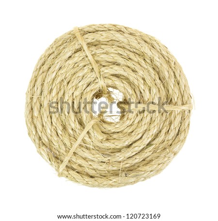 Top view of a coil of new sisal rope on a white background.