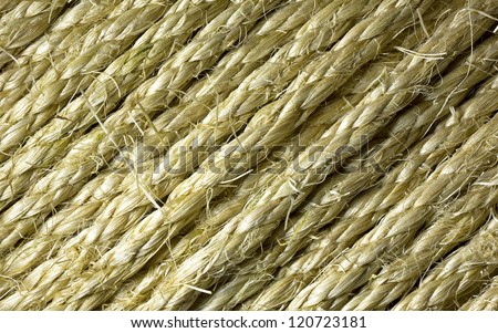Close view of several rows of sisal rope at an acute angle.