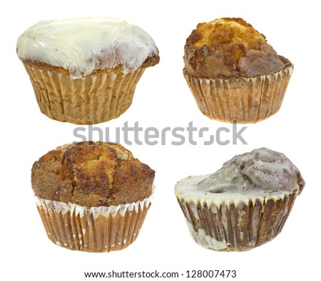 An iced chocolate chip muffin, french toast muffin, butter rum muffin and iced pumpkin spice muffin on a white background.