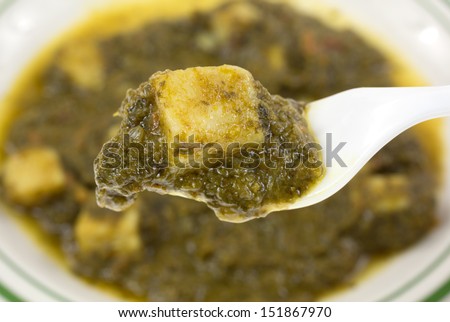 A fork full of pureed spinach with a single chunk of white potato in the foreground with the remainder of the meal in the background.