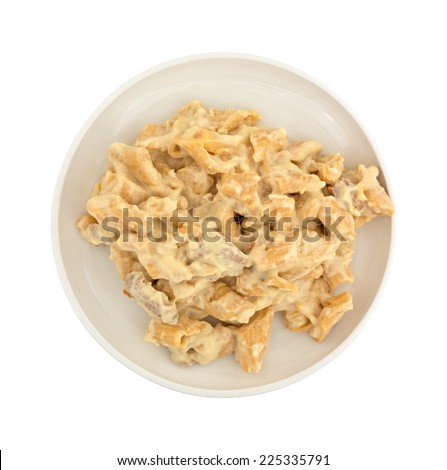Top view of a small serving of chicken in pasta with a thick jalapeno pepper sauce on a plate atop a white background.