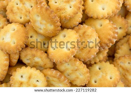 A very close view of tiny bite size snack crackers.