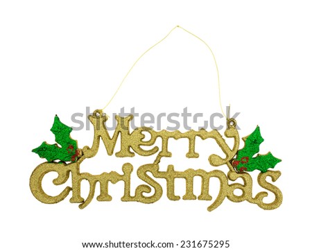 A generic Merry Christmas hanging decoration in gold glitter with string hanger on a white background.