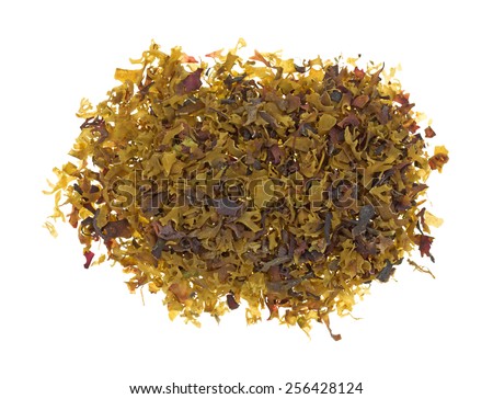 Top view of a large portion of Irish moss flakes on a white background.