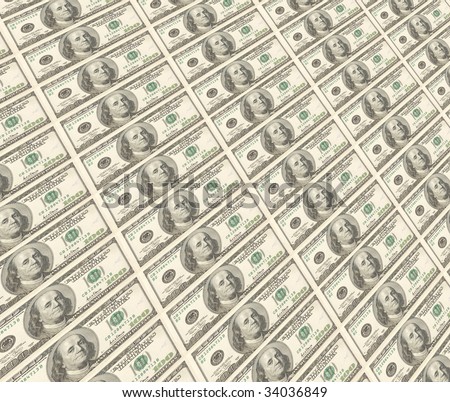 Several rows of United States of America one hundred dollar bills at an acute angle.