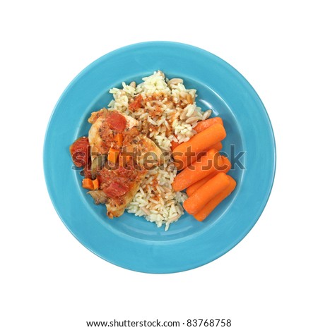 Single serving meal with chicken cacciatore carrots and rice pilaf on a blue plate against a white background.