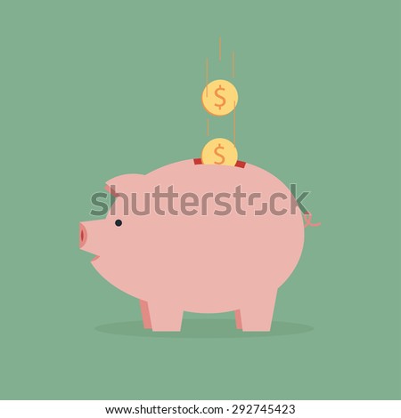Flat piggy bank pig with coin. Symbol pig piggy bank. Vector illustration of pig moneybox. Icon pig piggy bank. Isolated moneybox with money. Toy money pig piggy bank. Illustration pig piggy bank.