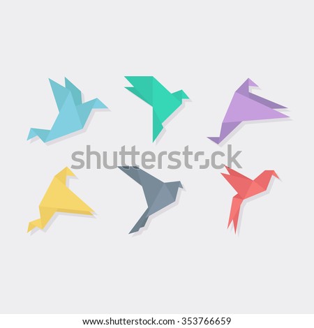 Origami bird in a flat style. Origami bird vector illustration. Origami birds vector set. Origami birds flying.  Paper birds origami. Silhouettes of birds from paper. Origami birds abstract.