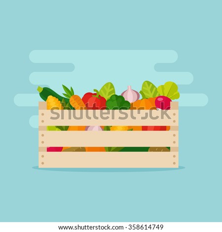 Fresh vegetables in a box. Wooden box with garden vegetables. Natural, healthy food concept. Organic vegetables collected in the crate. Vegetables from the farm.