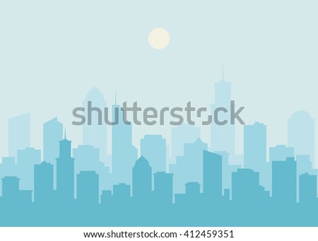 City skyline vector illustration. Urban landscape. Blue city silhouette. Cityscape in flat style. Modern city landscape. Cityscape backgrounds. Daytime city skyline.