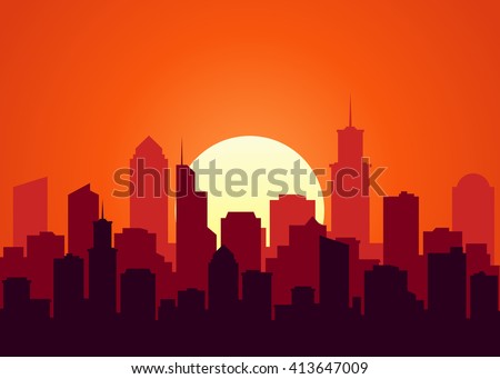 Evening cityscape vector illustration. Sunset landscape concept. City at sunset in a flat style. City landscape at twilight. Sunset background. City skyline at sunset.