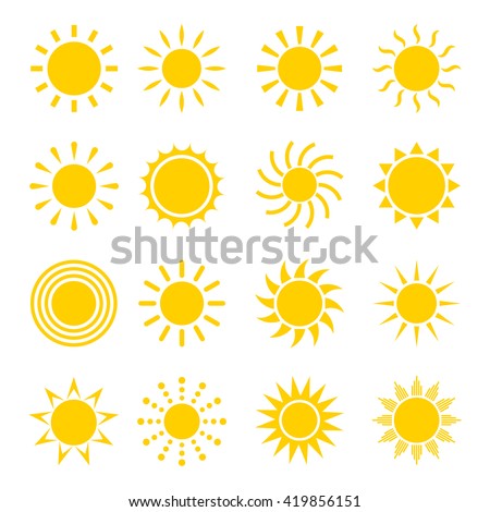 Sun icon vector set in a flat style. Different icons for sun logo. Collection of sun icons isolated on white background. Set of various icons with sun rays