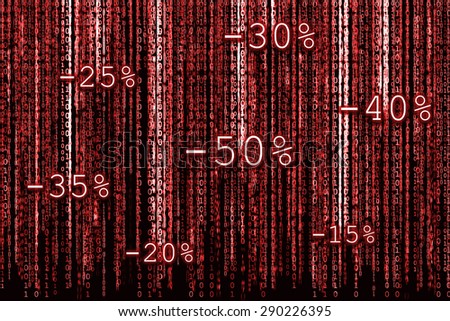 Red Binary code as matrix background with binary characters and discount percentages for Christmas sale.
