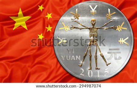 Chinese currency Yuan with a skeleton in place. Business concept about:  finalcial crisi,failure and  debit, bankruptcy,financial emergency, default, currency risk and consumerism
