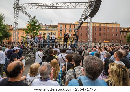 Bologna, Italy - May 10, 2014:  Beppe Grillo speaks in Piazza San Francesco for Movimento 5 Stelle M5S party.