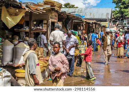 Arusha, Tanzania, Africa - January 2, 2013: Children on the road in a market of the town