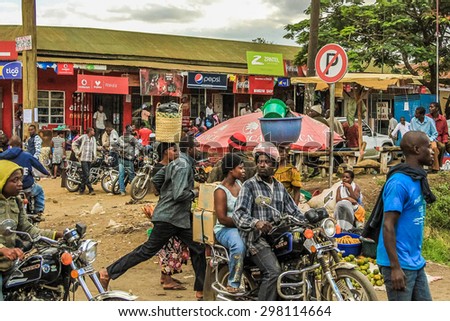 Arusha, Tanzania, Africa - January 12, 2013: A group of bikes parked in front of the local shops