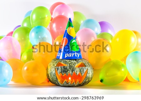 Halloween Pumpkin Party. A pumpkin head with hat, celebrating halloween with colorful balloons. Isolated, white background.