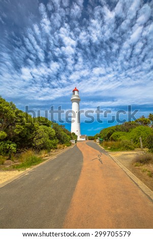 Split Point Lighthouse with blue sky located in Aireys Inlet on the Great Ocean Road, Victoria, Australia.