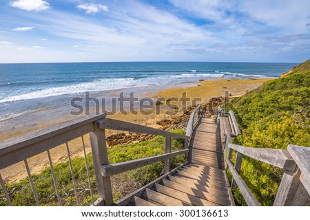 Walkway to the legendary Bells Beach - the beach of the cult film Point Break, near Torquay, gateway to the Surf Coast of Victoria, Australia, where starts the tourist and Great Ocean road.