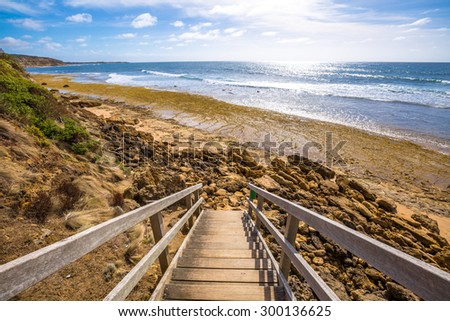 Walkway to Bells Beach from the cult film Point Break,  gateway to the Surf Coast of Victoria, Australia, where bigins the famous  Great Ocean Road. Reserve includes Bells Southside and beaches