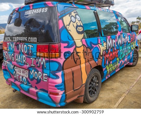 Sydney, Australia - January 9, 2015: Hippie van with Mr. White airbrushing hand made. Typical campers from Australian company: Wickedcampers.