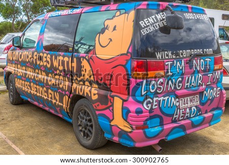 Sydney, Australia - January 9, 2015: Hippie van with Winnie De Pooh airbrushing hand made. Typical campers from Australian company: Wickedcampers.