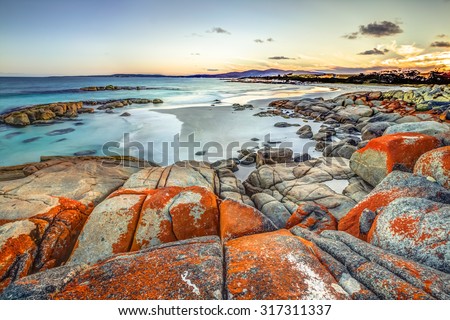 Drammatic landscape in The Gardens, Bay of Fires consevation Area ranging from Binalong Bay to Eddystone Point, east coast of Tasmania in Australia. .