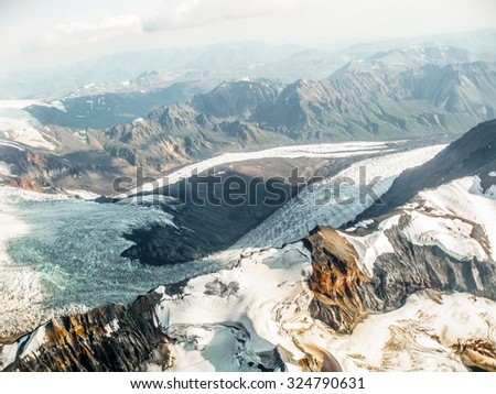 Aerial view landscape of a glacier mountain in Wrangell St. Elias National Park in summer, Alaska, United States