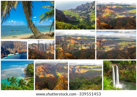 Hawaii pictures collage of different famous locations landmark of Kauai island in Hawaii, United States.