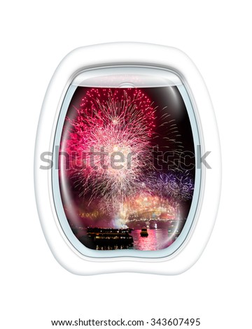 Aerial view of fireworks at Harbour Bridge in Sydney bay at midnight for the new years eve, on board of a plane through the porthole window. Copy space.